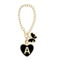 Golden keychain featuring black heart with letter A and butterfly charm on a fine chain - Letter A / Black Heart + Butterfly