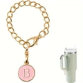 Pink enamel letter B keychain charm with golden chain and lobster clasp on cup - Letter A / Pink Round