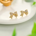 Sparkling S925 silver bow stud earrings with gold plating and full cubic zirconia stones - Gold