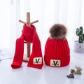 Kids red knit hat and scarf set with brown faux fur pom pom and leather V-patch - Kids Size / Fleece Lined V-Pattern (Hat And Scarf) / Red