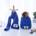 Dark blue thick knit hat and scarf set for kids featuring a faux fur pompom and V label - Kids Size / Fleece Lined V-Pattern (Hat And Scarf) / Dark Blue