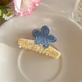 Elegant blue flower acetate hair claw clip with yellow pattern base, 6cm size variant - Blue Fabric Flower Claw Clip