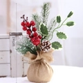 Mini sapin de Noël artificiel avec neige, baies rouges et pommes de pin sur socle jute, 24cm - Aiguille de pin feuille verte