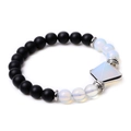 Detail of matte black agate beads with a pyramid white opal and silver spacers - Opalite Pyramid Matte Stone Bracelet