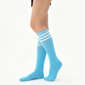 Light blue knee-high socks with three white stripes in a sporty collegiate style - One Size / Lake Blue with White Stripes