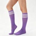 Knee-high purple socks with white triple stripes and elastic cotton blend fabric - One Size / Purple with White Stripes