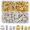 Detailed macro view of gold and silver rhinestone spacer beads in a clear storage organizer box - 4 Slots Gold And Silver 345 Pieces