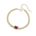 Golden Cuban chain bracelet with rectangular ruby red stone and diamond halo - Rectangle Gemstone Style / Ruby Red