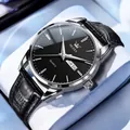 Montre à quartz OLEVS pour hommes avec bracelet en cuir noir et double affichage - Style Homme / Cuir Noir Boîtier Argent Cadran Noir