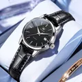 Élégante montre à quartz OLEVS pour homme avec cadran noir et bracelet en cuir noir - Style Femme / Cuir Noir Boîtier Argent Cadran Noir