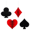 Casino theme party set with 4 honeycomb poker suit hanging decorations in red and black - 1 Set/Pack / 4-piece Poker-themed Honeycomb Set L-00514