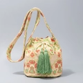 Sac seau tissé de style Wayuu avec motifs floraux crème et glands vert foncé - 25*23*16CM / Floral Ethnique Crème Rouge Vert(BY8279)