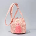 Sac seau tissé bohème rose et beige avec cordon de serrage et pompons colorés - 25*23*16CM / Motif de Tourbillon Rose Crème(BY8284)