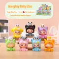 Set of 6 Naughty Baby Zai plush figures with animal hats on a miniature wooden bench - M439 Naughty Cuddly Baby Set 6 / Full Box Set