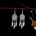Ethnic bohemian silver feather tassel earrings with red beads in dreamcatcher style - Dreamcatcher Red Main Stone Feather Tassel Style (E3174-2)