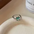 Silver flower ring with rectangle emerald green stone and sparkling side accents - Mint Green Square Rhinestone Open Ring