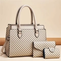 Detailed view of beige 3-piece bag set with black diamond grid pattern and premium PU leather - 28*13*23 / Khaki and Khaki
