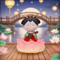 Cute girl figurine in Tang style dress playing lute on a glowing pink lotus base - Luminous Lotus Base Lady - Zither