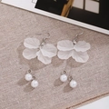 Close-up of elegant white petal tassel earrings with silver needles and pearl drops - Simulated White Translucent Petal Tassel Style (E4320/Silver Needle)