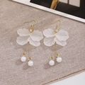 Close-up of elegant white petal earrings with delicate pearl tassels and silver needles - Gold Thin Chain Tassel Artificial Pearl Style (E7655/Gold)