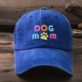 Blue washed denim baseball cap with colorful DOG MOM embroidery and yellow paw print - One Size / Sapphire Blue