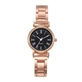 Detail shot of a rose gold quartz watch featuring a black dial and Roman numeral markers - Rose Gold Black Dial Roman Numerals