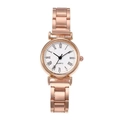 Detail of rose gold quartz watch with white dial and black Roman numeral markers - Rose Gold White Dial Roman Numerals