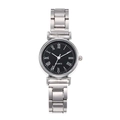 Detailed macro view of black round dial with white Roman numerals and quartz movement - Silver Black Dial Roman Numerals