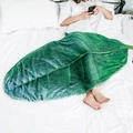 Detail view of leaf-shaped green flannel blanket with realistic vein textures on bed - Natural Green Leaf Style 5 (Style 5)