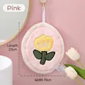 Pink coral fleece round hand towel with yellow flower embroidery and hanging loop - Tulip Style / Pink