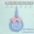 Absorbent coral fleece lollipop hand towel in blue with pink bow and hanging loop - Lollipop Style / Blue