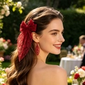 Elegant red lace bow hair clip and matching leaf earrings set for women - Burgundy