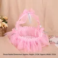 Pink woven flower girl basket with lace edge, pearl bow and 21x22cm dimensions - Pink Soft Mesh Style