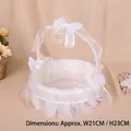 Elegant white lace wedding basket with mesh bows and pearls, size 21cm x 23cm - White Double Sided Style