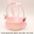 Pink woven wedding flower basket with lace and pearls, sized 24cm tall by 18cm wide - Pink Ribbon Style