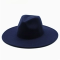 Detailed view of a navy blue wide brim wool fedora hat with classic indented crown design - One Size / Navy Blue