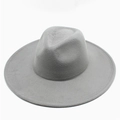 Close-up of a premium grey wide-brim wool fedora hat with a classic flat crown design - One Size / Light Gray
