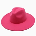 Detail view of fuchsia wool jazz hat showing pinched crown and wide flat brim design - One Size / Rose Red