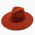 Detail view of a rust red wide brim wool fedora with structured crown and flat edge - One Size / Caramel color