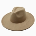 Detail view of khaki wool fedora hat with flat brim and classic pinched crown design - One Size / Grey Coffee