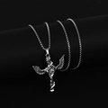 Silver hip hop cross necklace featuring detailed wings and rose pendant on box chain - Xl0257* Chain Length 60cm