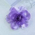 Detail of a 14cm lavender satin flower brooch with elegant layered petals and silk texture - Light Purple