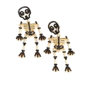 Gothic gold skeleton earrings with black rhinestones and pearls on white background - Black Rhinestone Style / Black