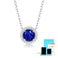 S925 silver necklace featuring a round sapphire blue pendant with halo diamond setting - 1 Carat Sapphire Color Necklace (With Certificate Box)