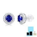 Classic S925 silver halo stud earrings with round blue sapphire and crystal accents - 50 Points Sapphire Color Stud Earrings (With Certificate Box)