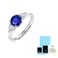 Elegant adjustable S925 silver ring with a round blue sapphire and teardrop side stones - 1 Carat Sapphire Color Ring (With Certificate Box)
