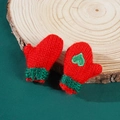 Detailed close-up of knitted red Christmas mittens with green cuffs and heart pattern - Red Knitted Gloves with Green Heart / 5cmx4cm