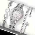 Elegant silver luxury women's rhinestone watch and 4-piece matching bracelet jewelry set - C1 Silver 5-Piece Set (Watch+4 Bracelets)