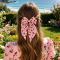 Sweet pink bow hair clip with red cherry print and long ribbons for elegant hairstyles - Pink Background Red Cherry Print / Pink