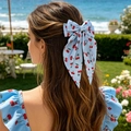 Light blue bow hair clip with red cherry prints and long ribbons for sweet summer look - Light Blue Background Red Cherry Print / Light Blue